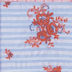 Light Blue Stripe Embroidered Floral Linen Look Fabric