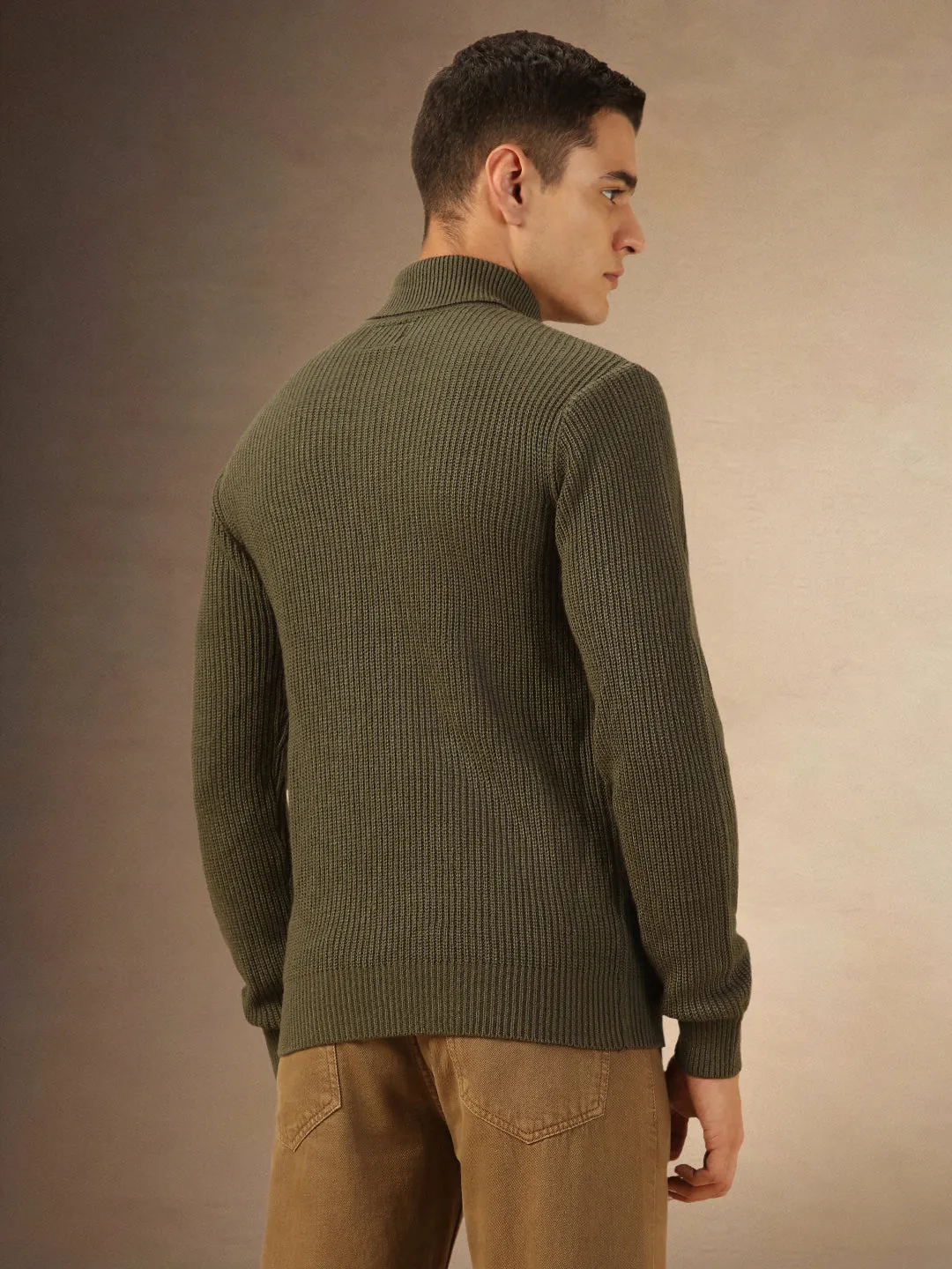 Mne's Olive Turtle Neck Full Sleeves Sweater