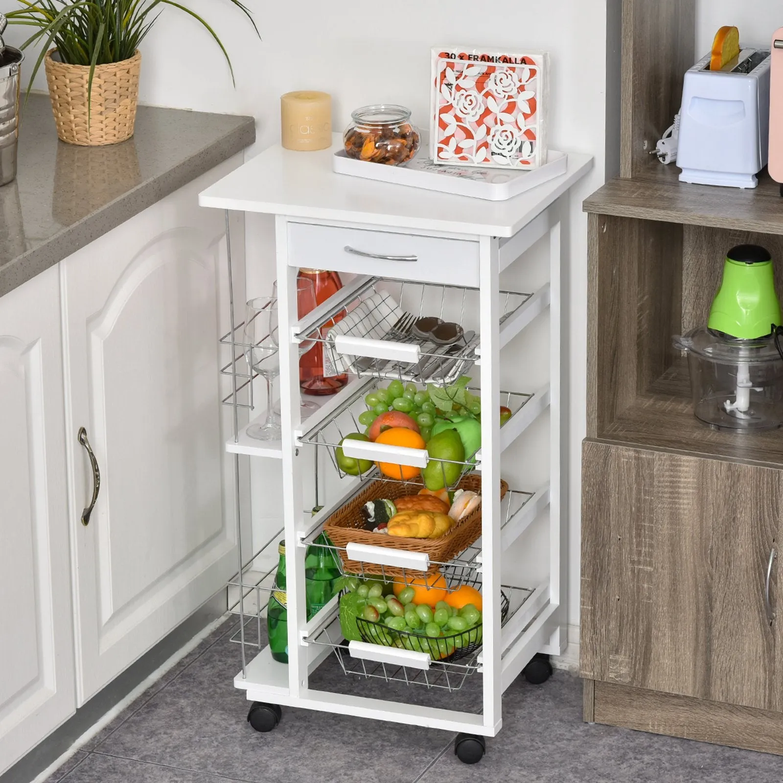 Multi-Use Kitchen Island Trolley w/ 4 Baskets 2 Side Racks Drawer Worktop 4 Wheels Worktop Food Storage Smooth Rolling Compact Furniture White