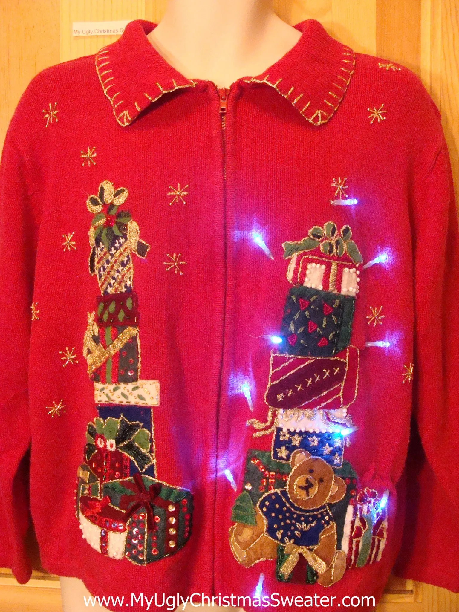 Need to Buy Christmas Sweaters? Red Light Up Sweater with Bear