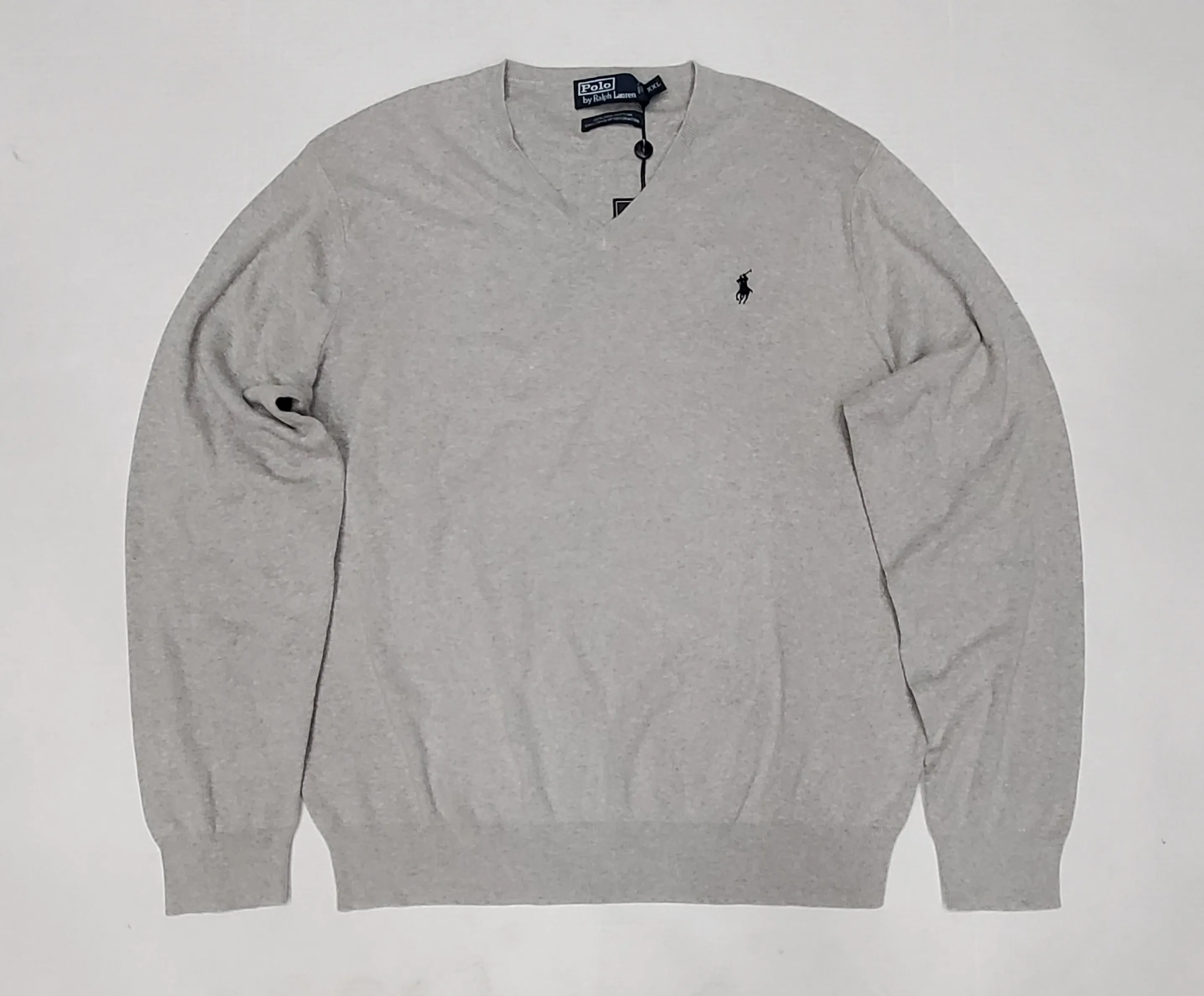 Nwt Polo Ralph Lauren Light Grey w/Navy Horse Cotton V-Neck Sweater