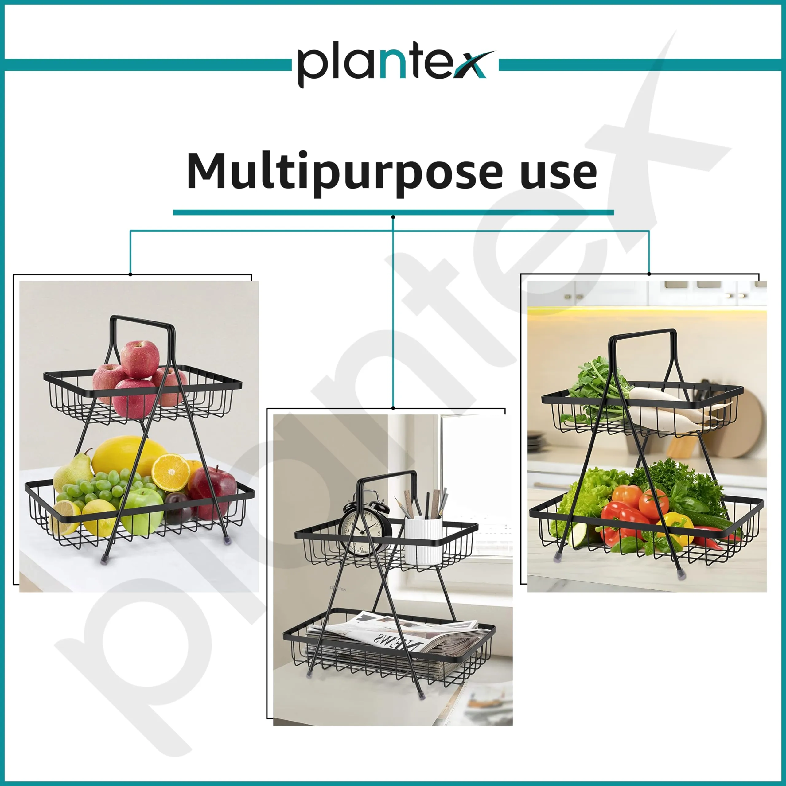 Plantex High Grade Steel 2-Tier Fruit & Vegetable Basket For Dining Table/Tiered Shelf Kitchen (Black)