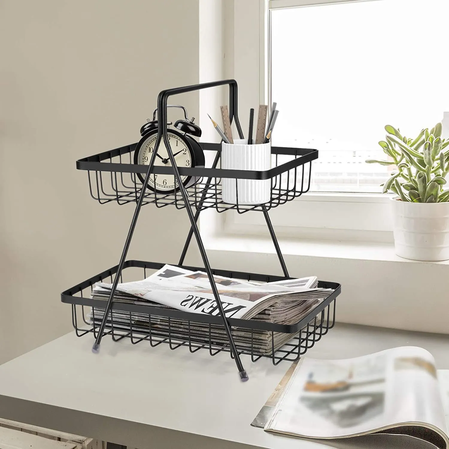 Plantex High Grade Steel 2-Tier Fruit & Vegetable Basket For Dining Table/Tiered Shelf Kitchen (Black)