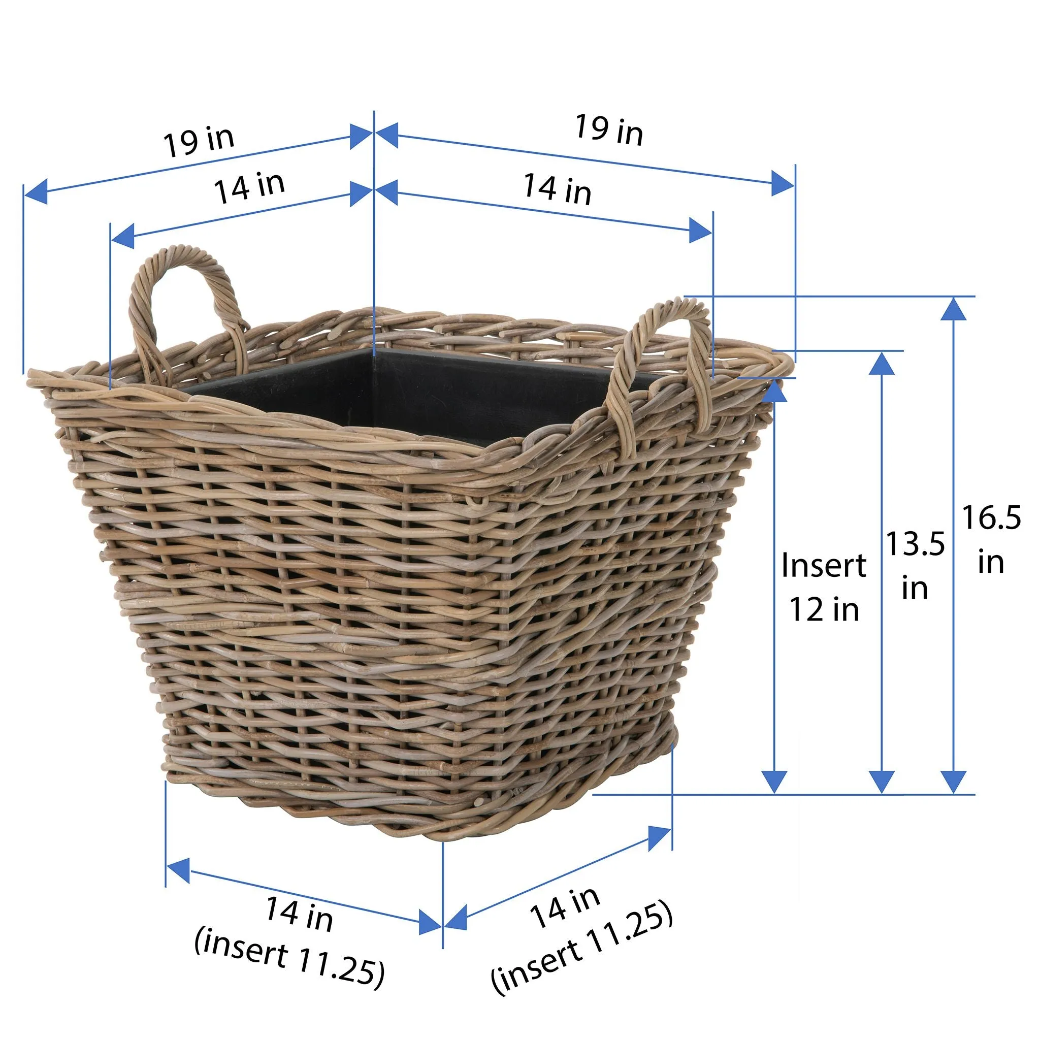 Rattan Kobo Indoor & Outdoor Square Planter Basket with Ear Handles & Plastic Pot