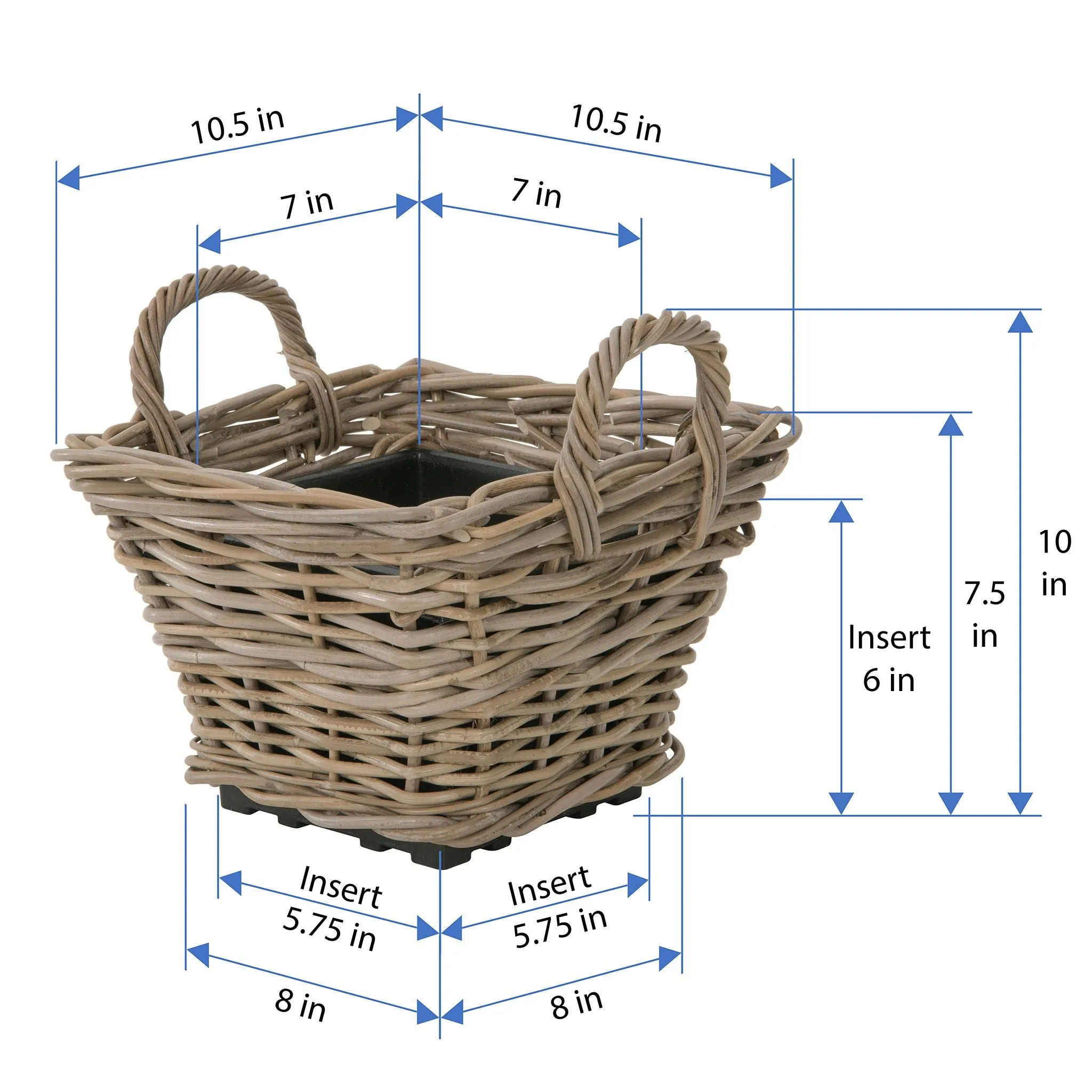 Rattan Kobo Indoor & Outdoor Square Planter Basket with Ear Handles & Plastic Pot