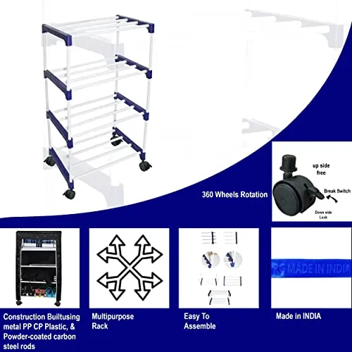 Rawzz 5 Layer Shoe Rack For Home Metal Plastic Rack with Wheels for Multipurpose Use Books, Clothes, Shoes etc.… (5 shelf, black)