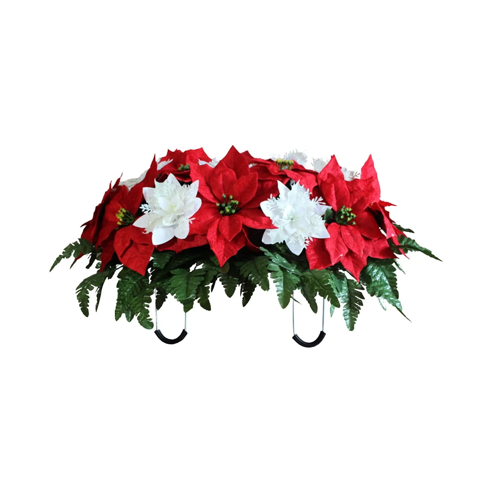 relaxed Red and White Poinsettia with Pine Cones Christmas Cemetery Headstone Flower Saddle Arrangement for Grave Decoration, Sympathy, Grave Decoration Red