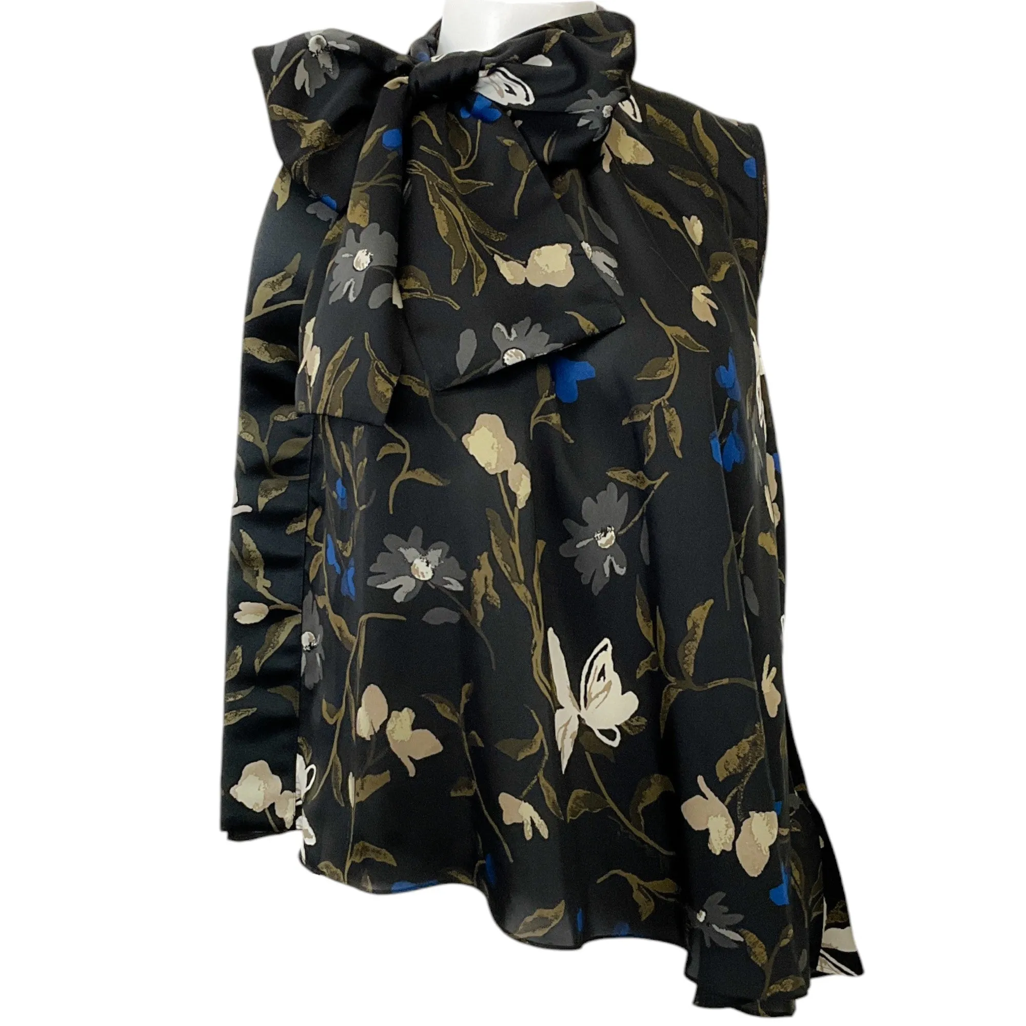 Sacai Black Multi Floral Sleeveless Tie Neck Blouse