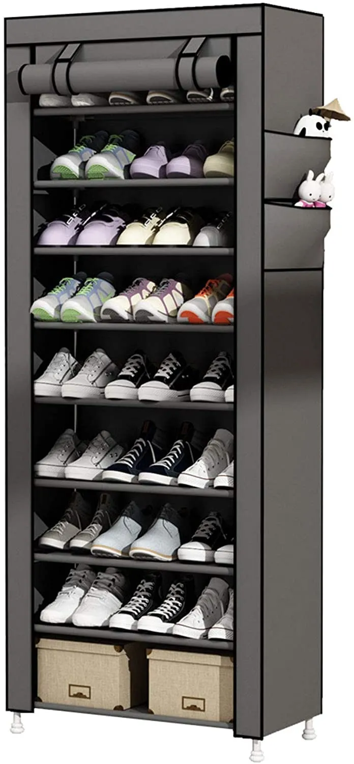 SANAMSTORE Metal Multipurpose 9 Tier Rack Shoe/Clothes/Books Stand Rack With Cover For Home (Need To Be Assemble- Diy) -Grey