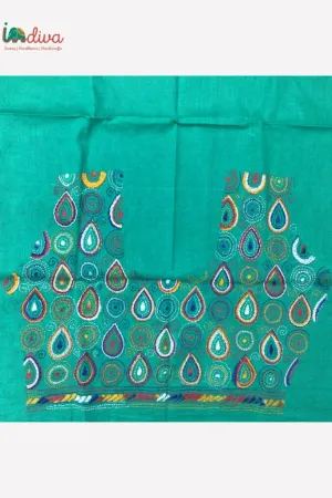 Sea Green Kantha Blouse Fabric With Multi Colour Motifs