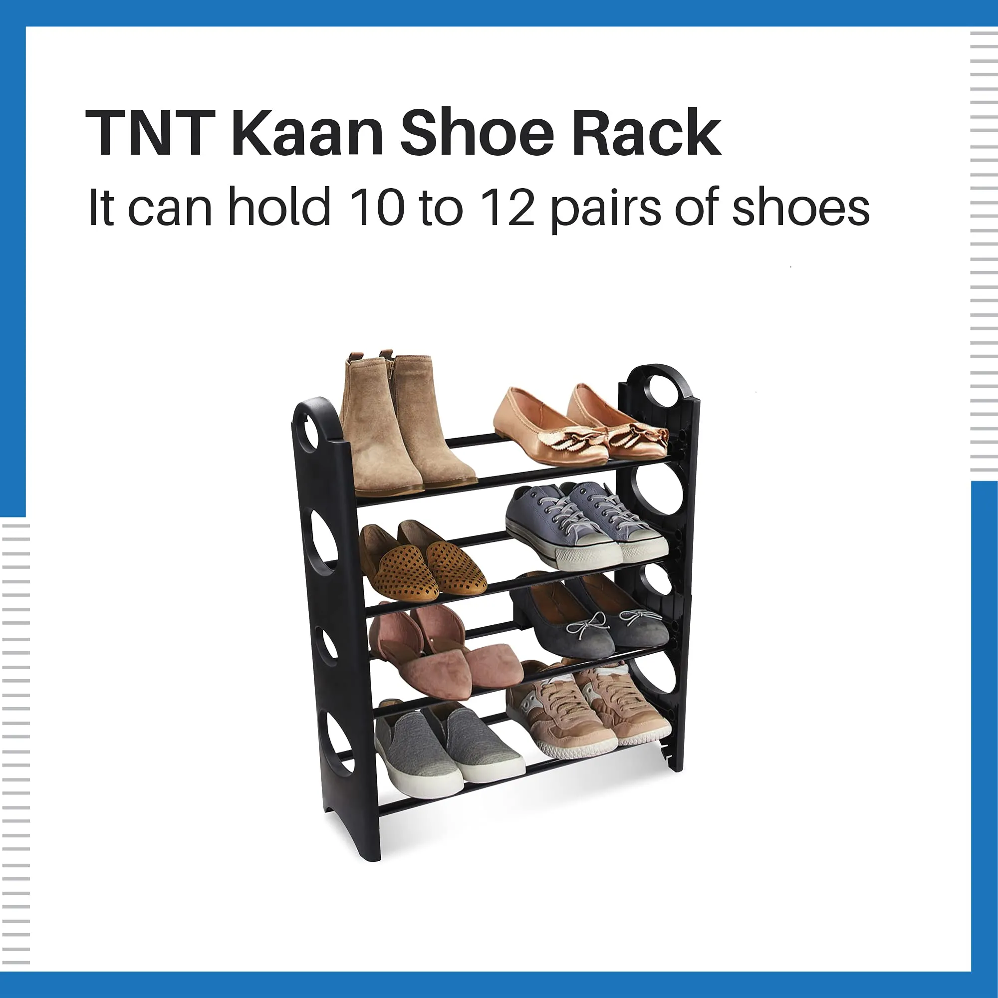 TNT THE NEXT TREND) Multipurpose 4 Shelves Shoe Rack, Foldable,12 Pairs, Metal & Plastic (Rustproof, Black)