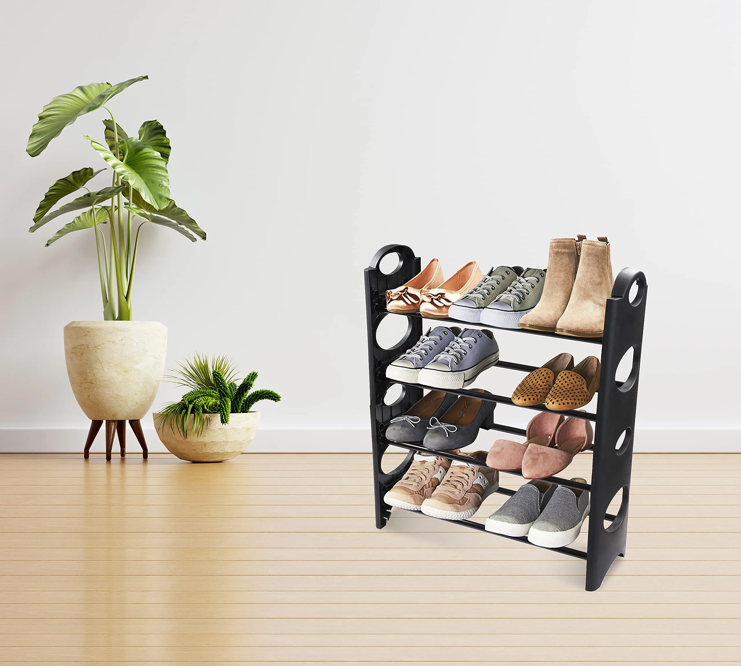 TNT THE NEXT TREND) Multipurpose 4 Shelves Shoe Rack, Foldable,12 Pairs, Metal & Plastic (Rustproof, Black)