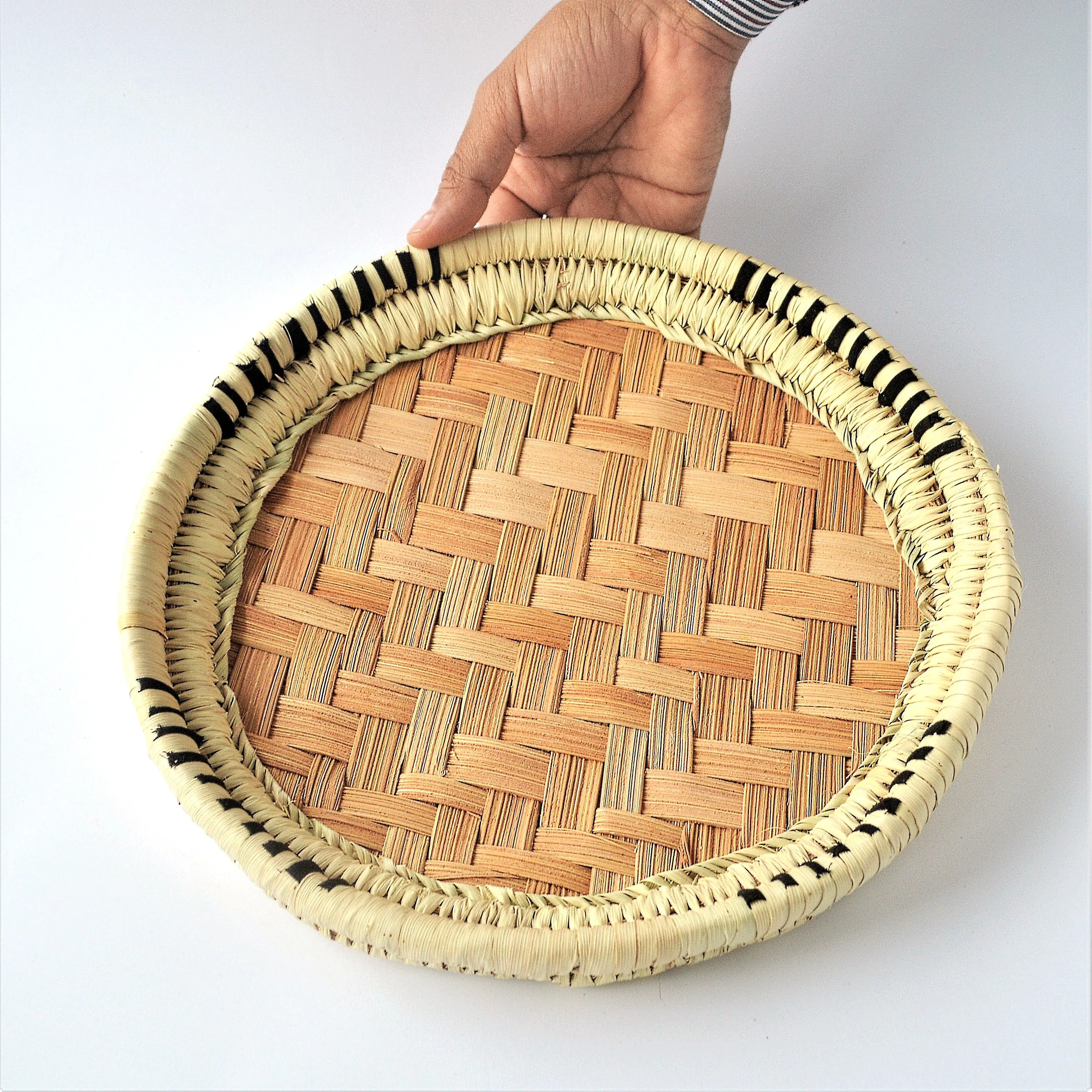 Unique round palm straw tray (with fabric decoration)