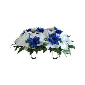 versatile Red and White Poinsettia with Pine Cones Christmas Cemetery Headstone Flower Saddle Arrangement for Grave Decoration, Sympathy, Grave Decoration Blue