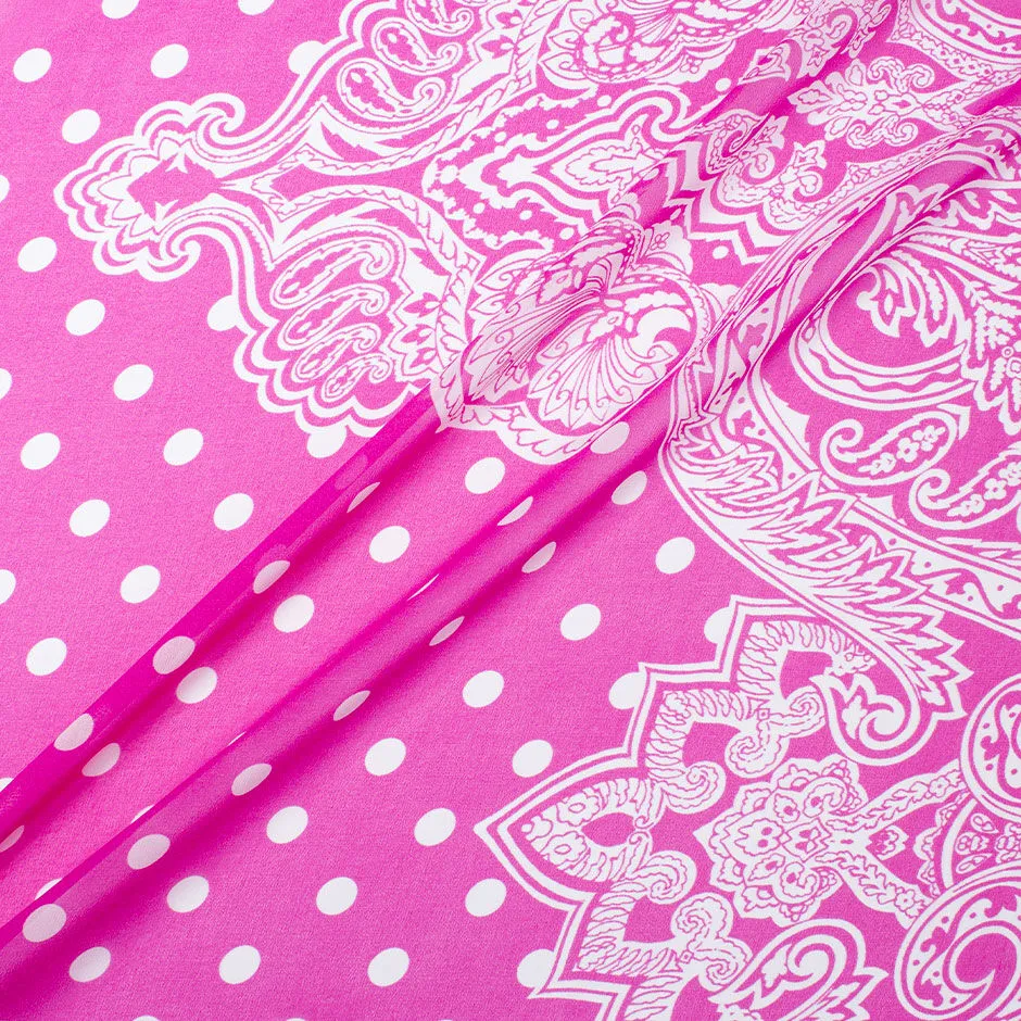 White Spotted Fuchsia Pink Silk Georgette