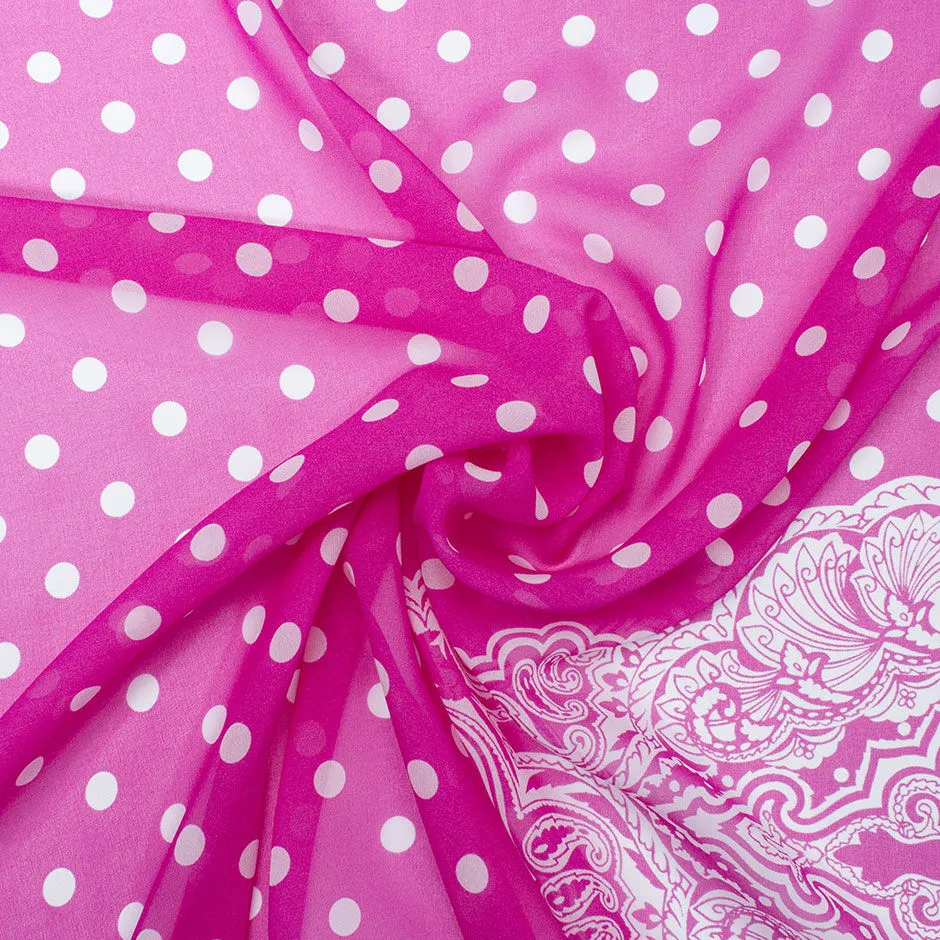 White Spotted Fuchsia Pink Silk Georgette