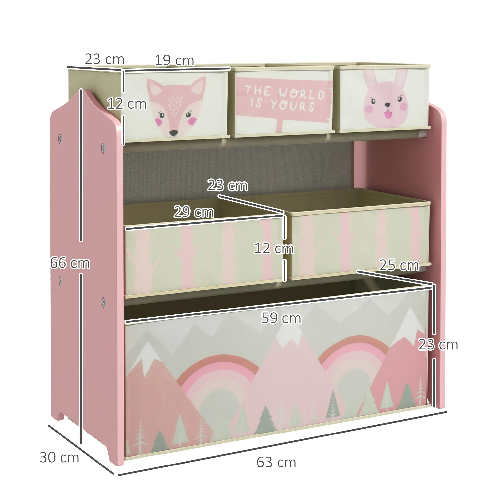 ZONEKIZ Kids Storage Units with 6 Fabric Bins, Childrens Toy Storage Organiser for Bedroom, Nursery, 63 x 30 x 66cm, Pink